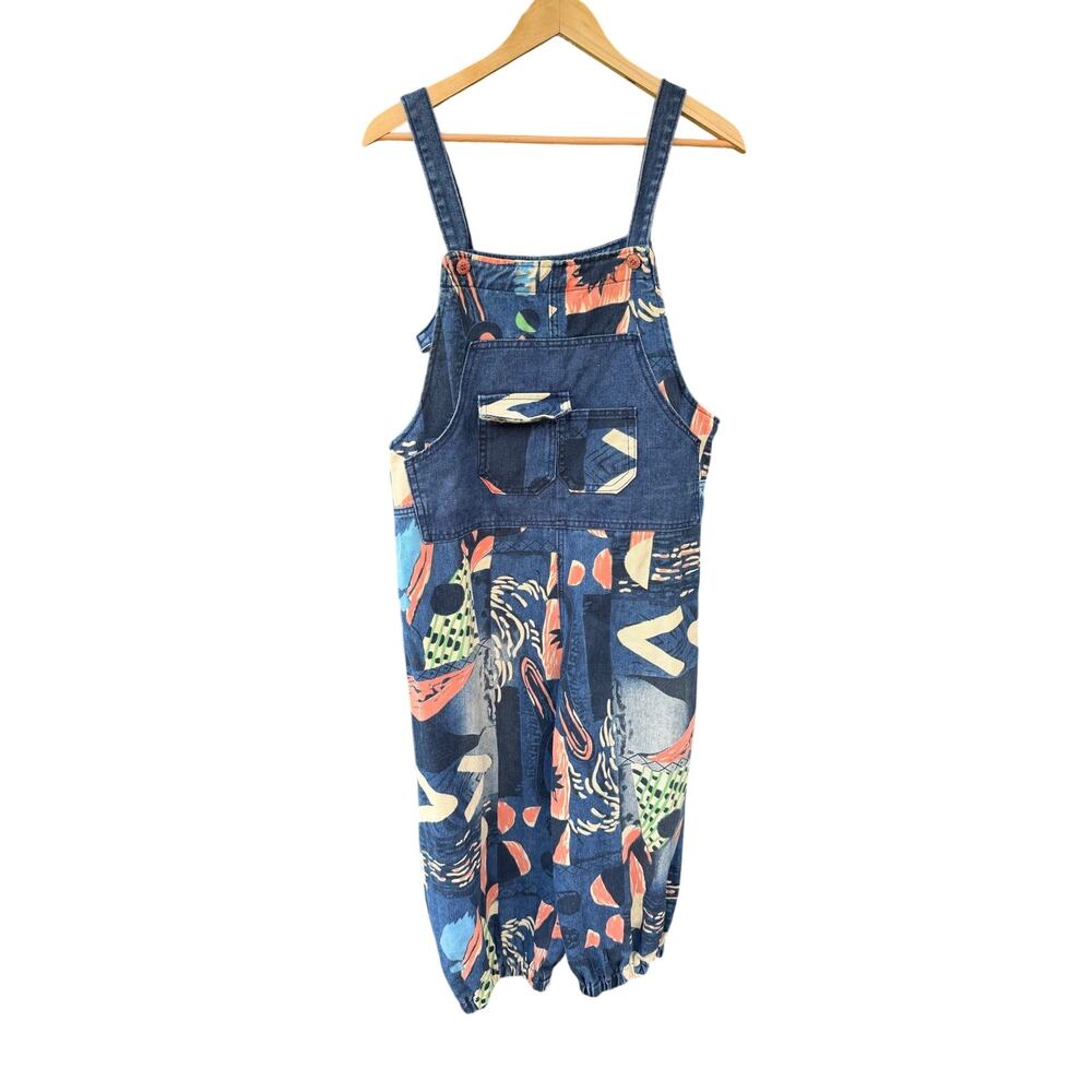 Vintage Inspired Abstract Geo Print Denim Overalls